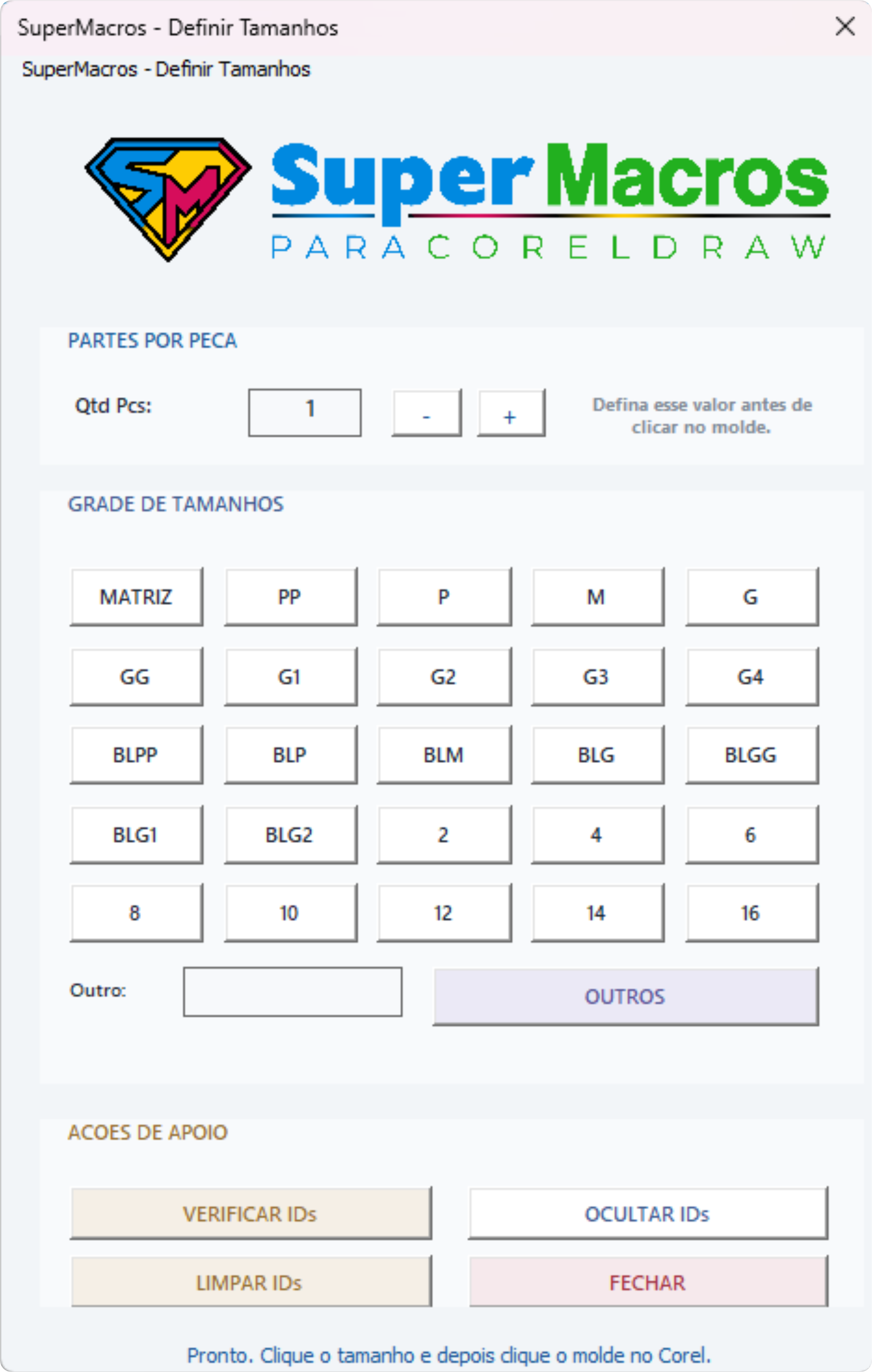 Captura atual do painel Definir Tamanhos do SuperMacros