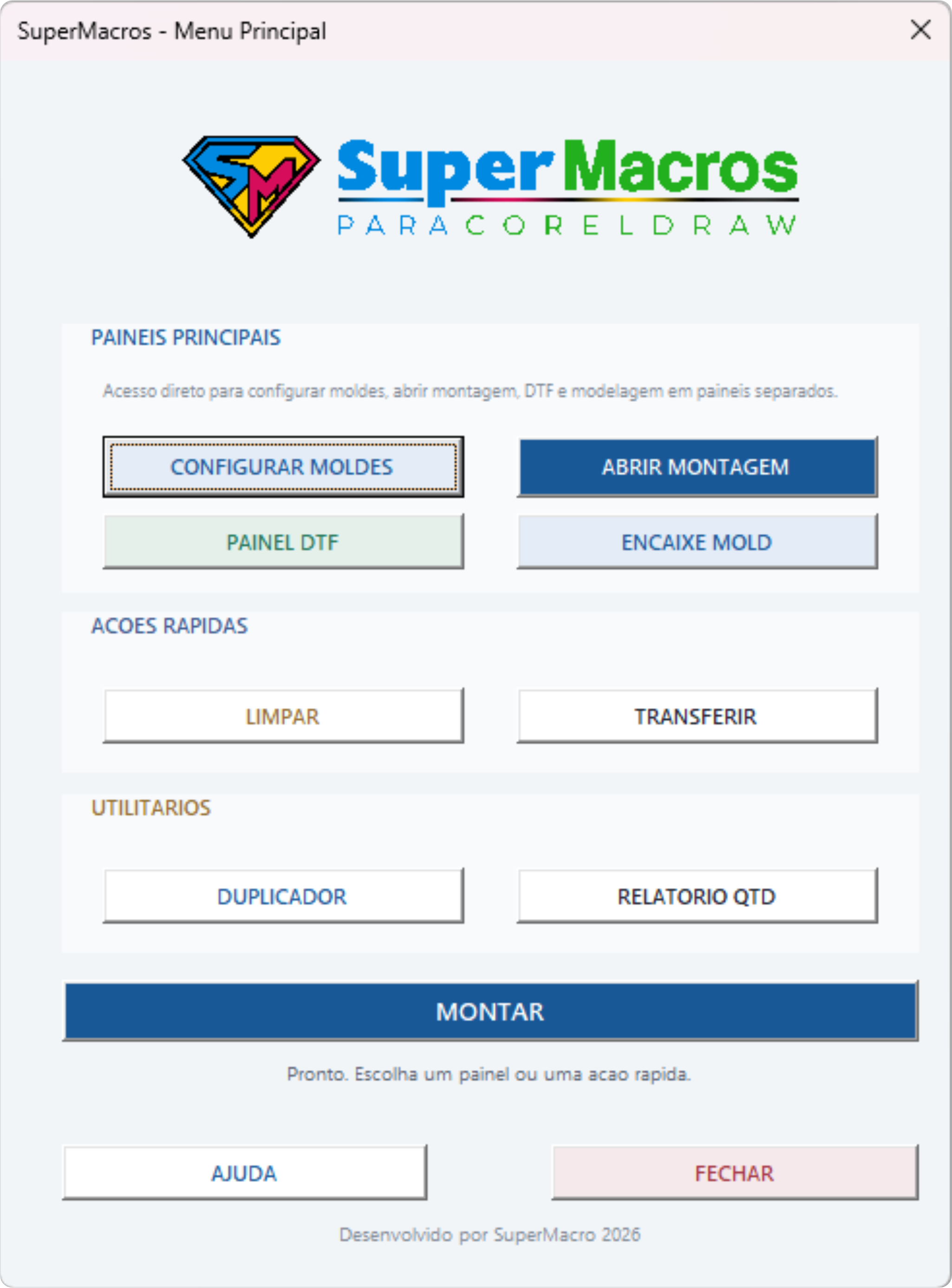 Captura atual do painel Menu Principal do SuperMacros