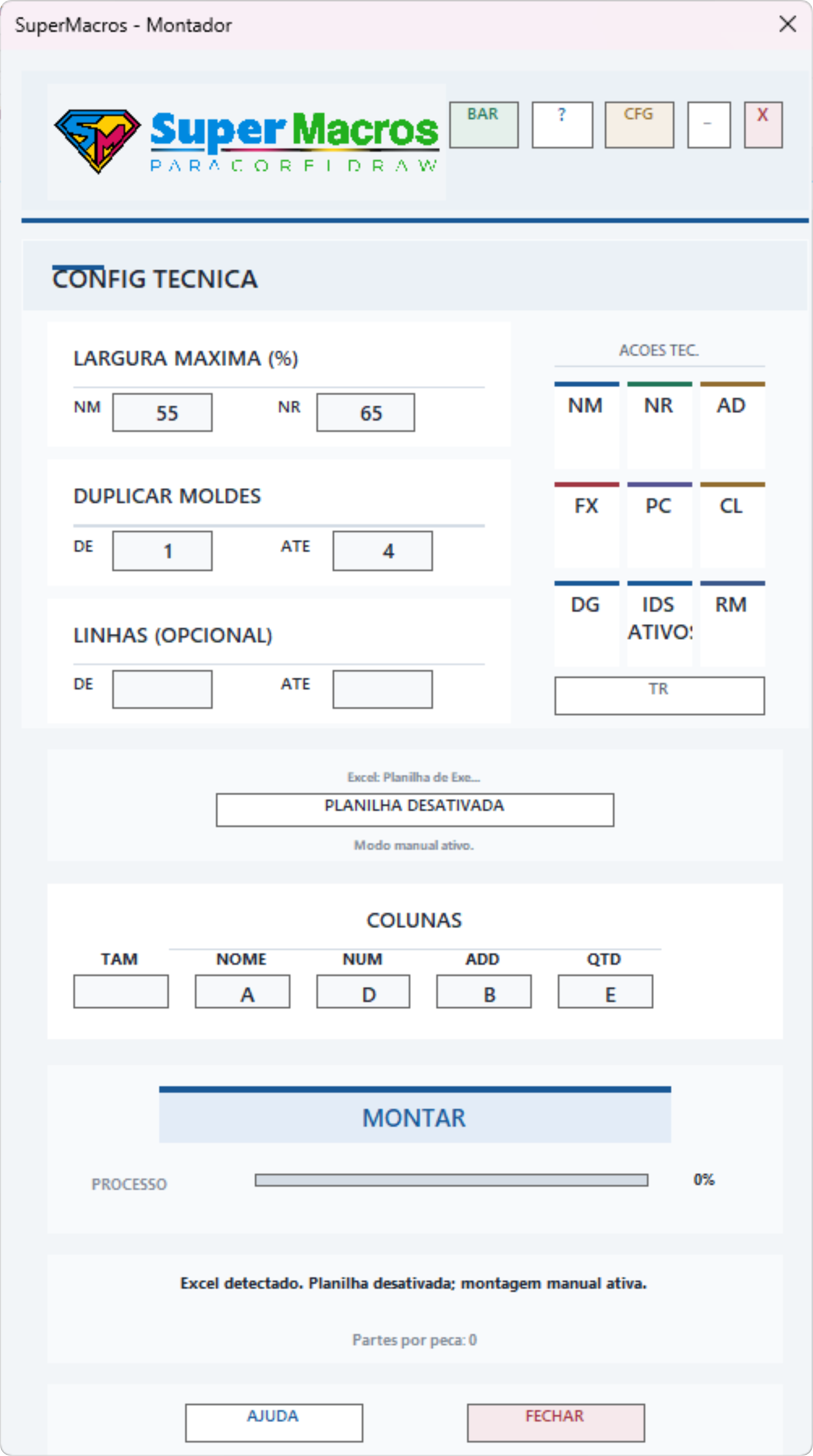 Captura atual do painel Montador do SuperMacros